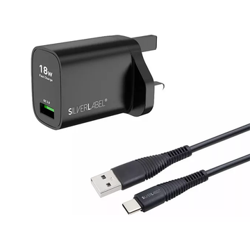 SilverLabel Mains Charger and USB-C Cable Bundle Black