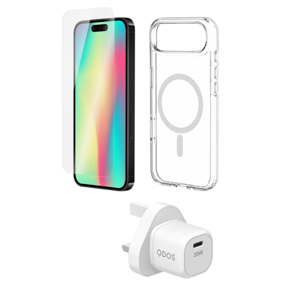 QDOS Starter Pack Case/Power/Glass iPhone Air Clear/White